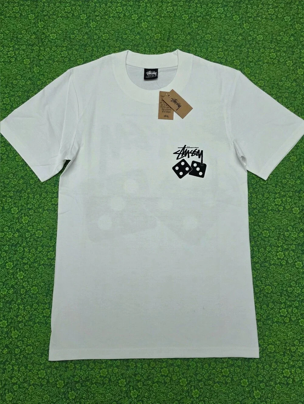 Stussy White Short Sleeve Tee with Black Dice Logo - Picture 1 of 4